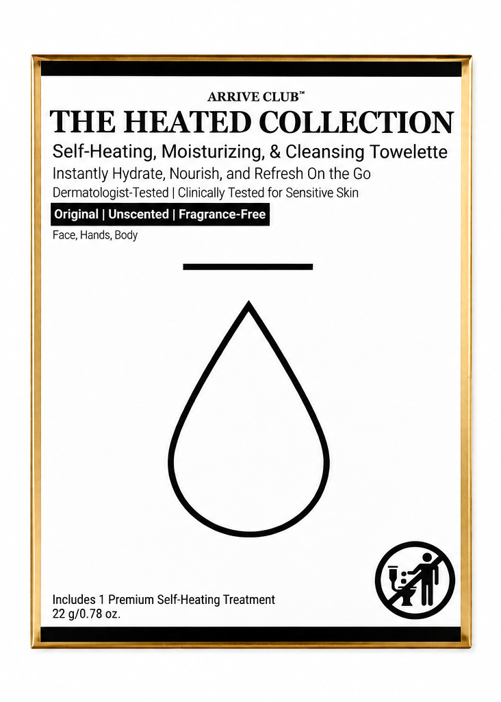 Arrive Club The Heated Collection packaging with text and a black droplet symbol on a white background.